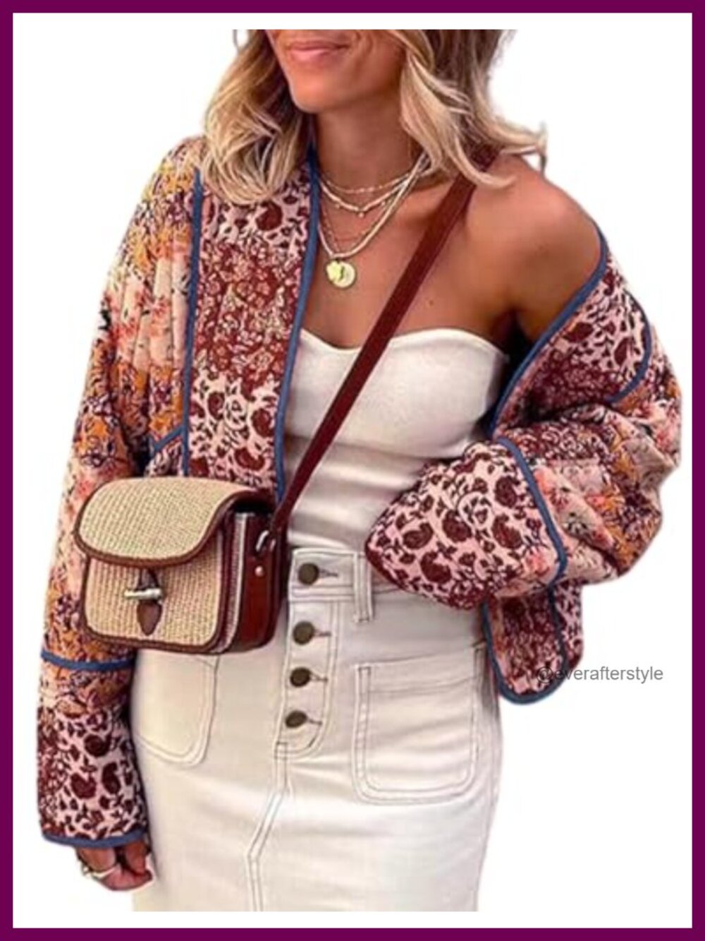 Omoone Reversible Floral Quilted Crop Puffer Jacket Open Front Coat